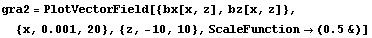 gra2 = PlotVectorField[{bx[x, z], bz[x, z]}, {x, 0.001, 20}, {z, -10, 10}, ScaleFunction→ (0.5&)]
