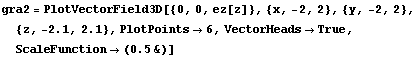 gra2 = PlotVectorField3D[{0, 0, ez[z]}, {x, -2, 2}, {y, -2, 2}, {z, -2.1, 2.1}, PlotPoints→6, VectorHeads→True, ScaleFunction→ (0.5&)]