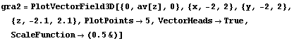 gra2 = PlotVectorField3D[{0, av[z], 0}, {x, -2, 2}, {y, -2, 2}, {z, -2.1, 2.1}, PlotPoints→5, VectorHeads→True, ScaleFunction→ (0.5&)]