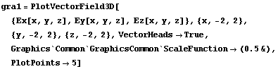 gra1 = PlotVectorField3D[{Ex[x, y, z], Ey[x, y, z], Ez[x, y, z]}, {x, -2, 2}, {y, -2, 2}, {z,  ... 2}, VectorHeads -> True, Graphics`Common`GraphicsCommon`ScaleFunction -> (0.5&), PlotPoints -> 5]