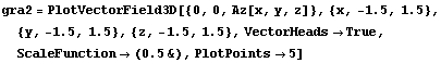 gra2 = PlotVectorField3D[{0, 0, Az[x, y, z]}, {x, -1.5, 1.5}, {y, -1.5, 1.5}, {z, -1.5, 1.5}, VectorHeads→True, ScaleFunction→ (0.5&), PlotPoints→5]