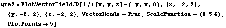 gra2 = PlotVectorField3D[1/r[x, y, z] * {-y, x, 0}, {x, -2, 2}, {y, -2, 2}, {z, -2, 2}, VectorHeads→True, ScaleFunction→ (0.5&), PlotPoints→5]