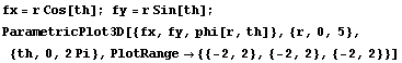 fx = r Cos[th] ; fy = r Sin[th] ;  ParametricPlot3D[{fx, fy, phi[r, th]}, {r, 0, 5}, {th, 0, 2 Pi}, PlotRange -> {{-2, 2}, {-2, 2}, {-2, 2}}] 